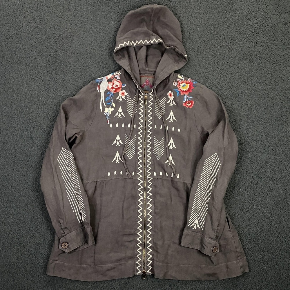Johnny Was Workshop Jacket Womens Medium Linen Hooded Embroidered Full Zip Boho
